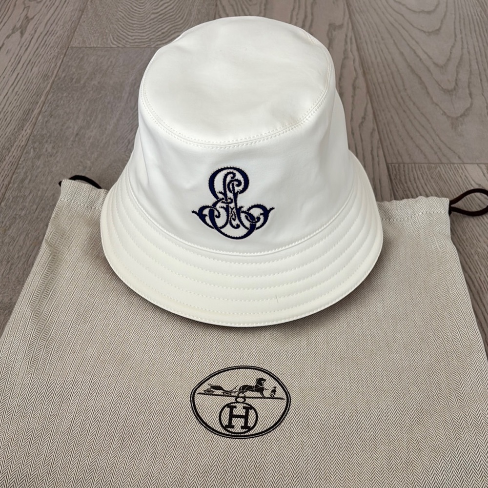 Hermes White Bucket Hat with Embroidered Logo